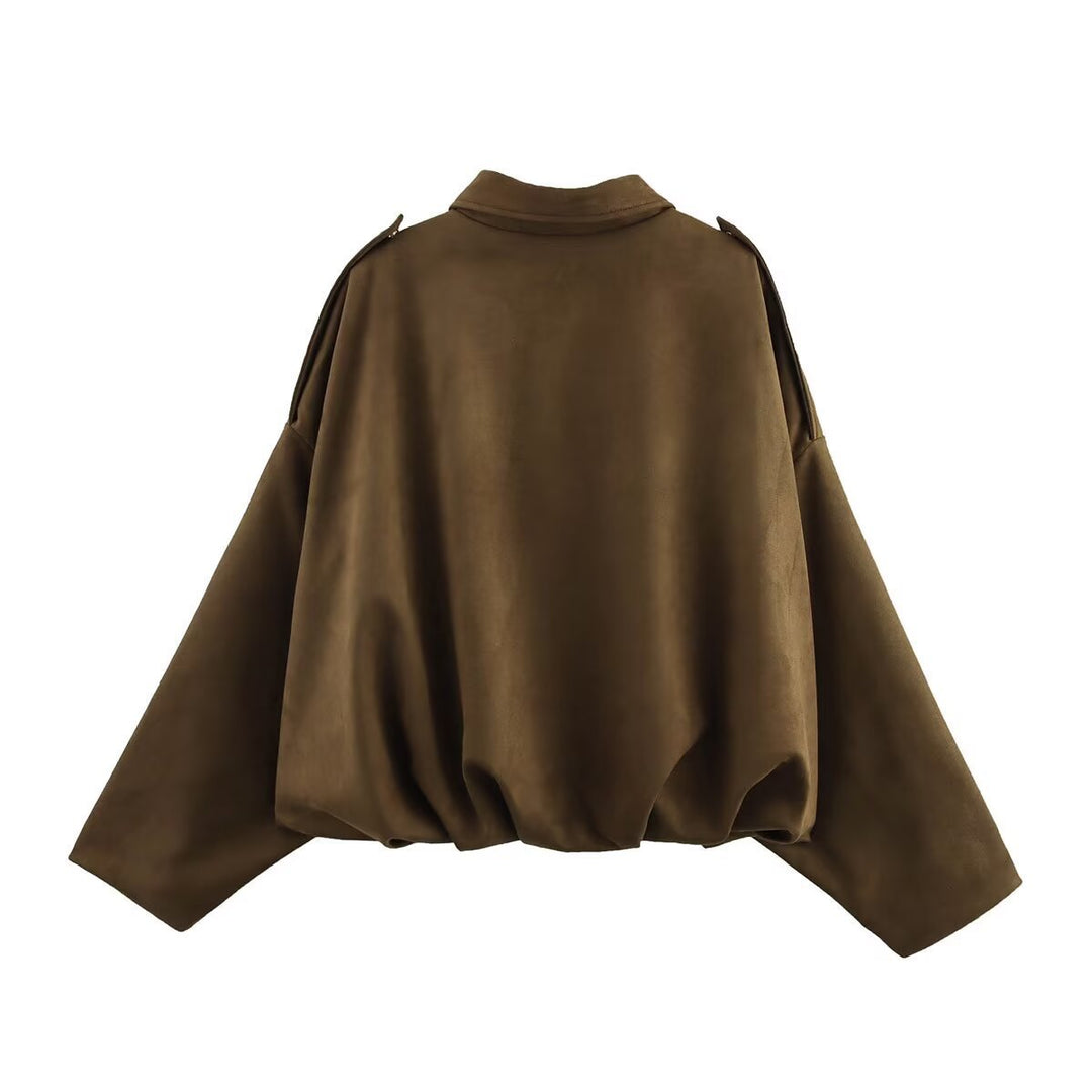 Damen Kurz geschnittene Oversize-Suèdejacke mit Schulterklappen und elastischem Saum Shop Nory