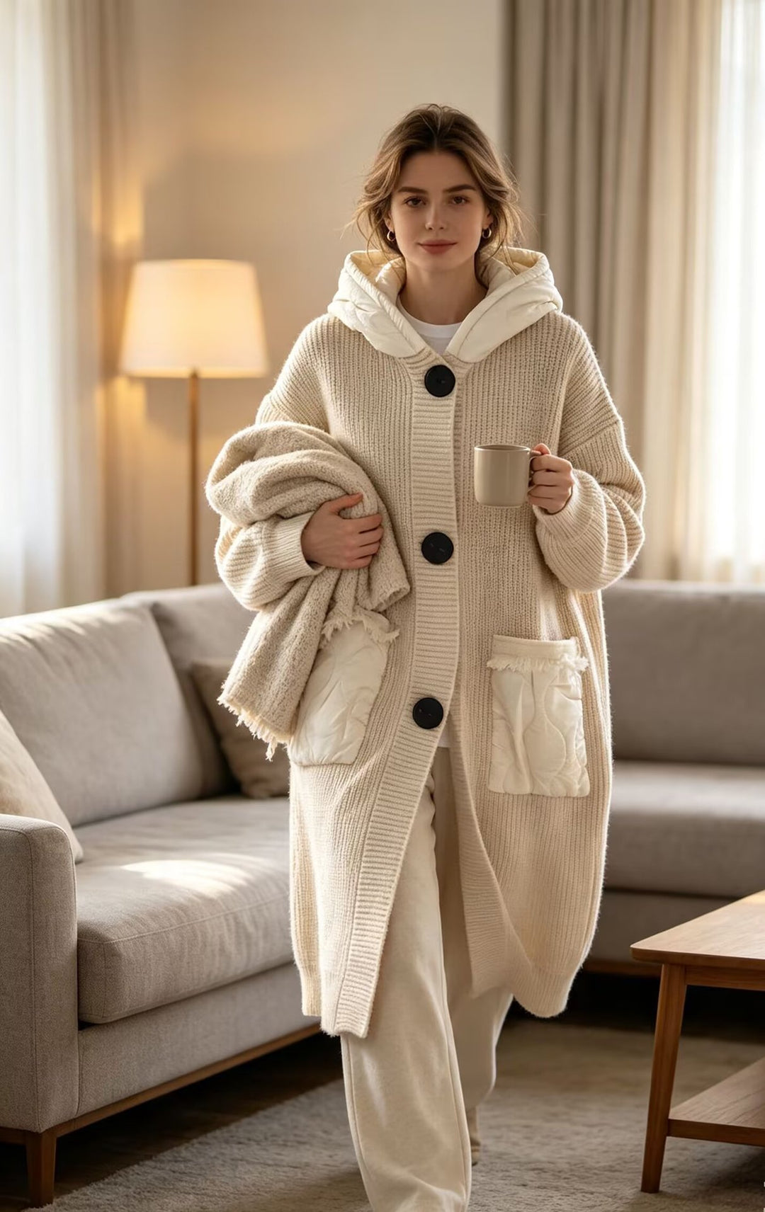 Damen Langer Oversize-Strickmantel mit gesteppter Kapuze und aufgesetzten Stepp-Taschen Shop Nory
