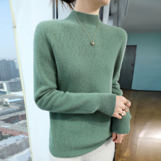 Damen Schlanker minimalistischer Stehkragen-Feinstrickpullover mit geripptem Hals Shop Nory