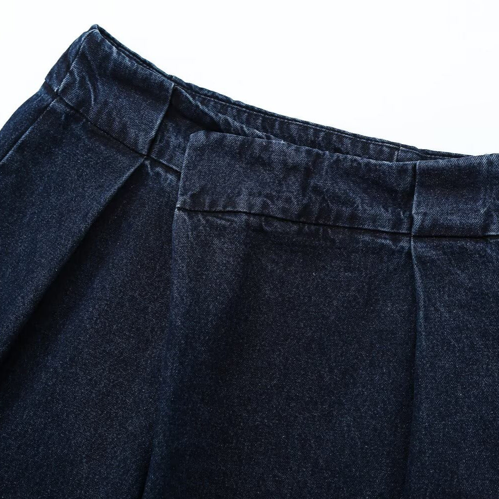 Damen Weite High-Waist Plissierte Denim-Hose mit Bügelfalte Shop Nory