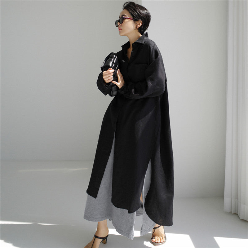 Damen Langes Leichtes Hemdblusen-Midaxi-Kleid mit Kentkragen und hohen Seitenschlitzen Shop Nory