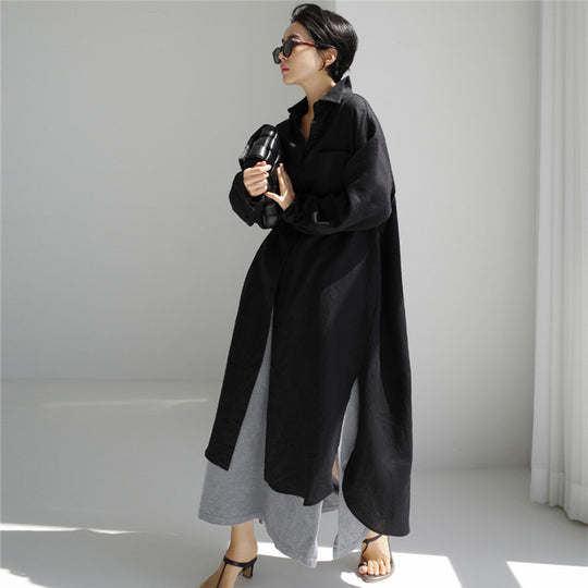 Damen Langes Leichtes Hemdblusen-Midaxi-Kleid mit Kentkragen und hohen Seitenschlitzen Shop Nory