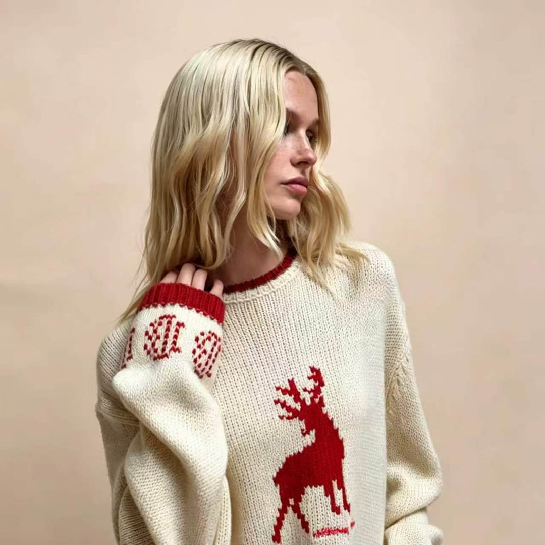 Damen Oversize Strickpullover mit Hirschintarsie, Rundhalsausschnitt und Norwegerbündchen Shop Nory