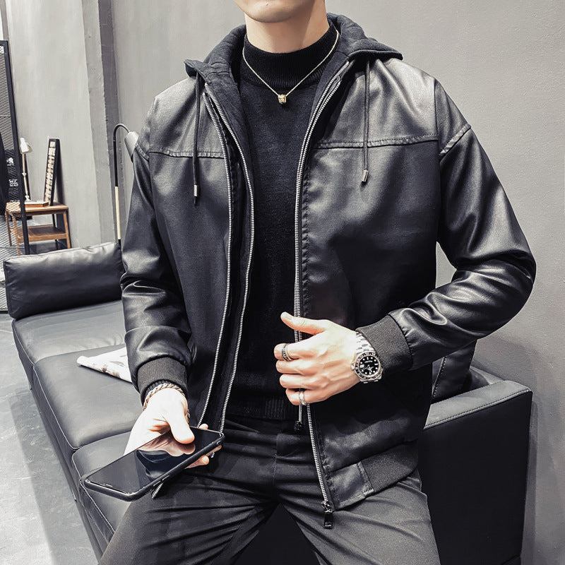 Herren Kunstleder-Bomberjacke mit Kapuzeninlay und gerippten Bündchen Shop Nory