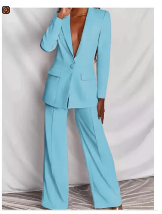 Damen nan eleganter Longline-Blazer mit tiefem V-Ausschnitt und weitem Palazzo-Hosenanzug Shop Nory