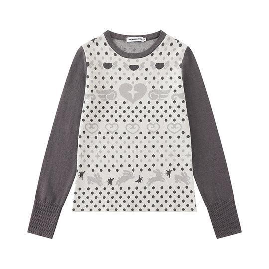 Damen Feinstrick-Pullover mit Jacquard-Motiv, Rundhalsausschnitt und Kontrastärmeln Shop Nory