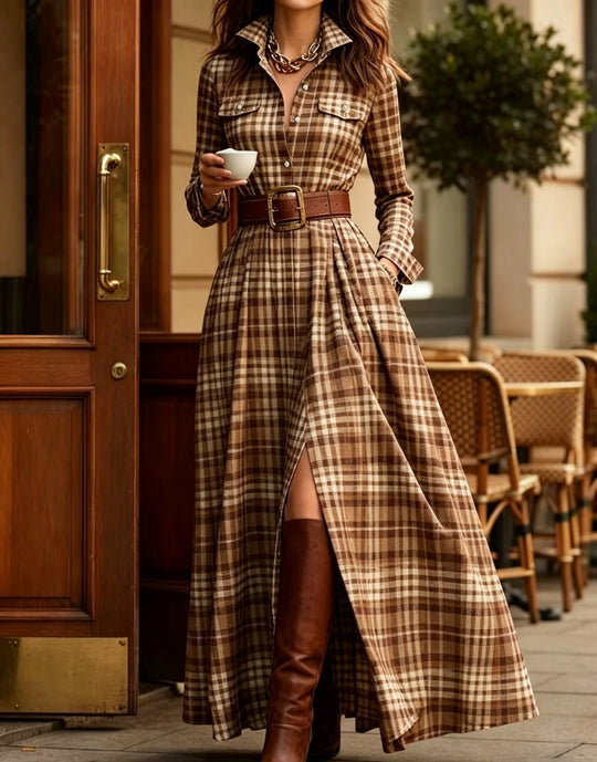 Damen nan karierte Maxikleid Hemdblusenkleid mit ausgestelltem Rock und breitem Taillengürtel Shop Nory