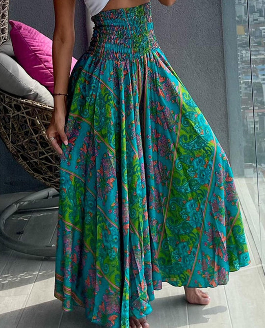 Damen Maxirock mit hohem Smockbund und weitem Boho-Print Shop Nory