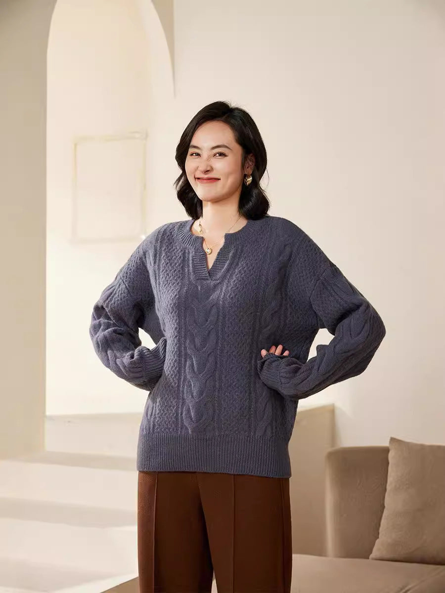 Damen Oversize Zopfstrick-Pullover mit V‑Einsatz und kaschmirähnlicher Weichheit Shop Nory