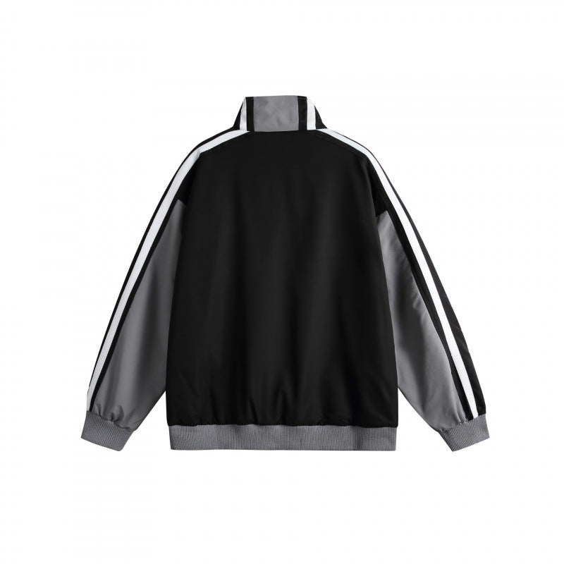 Unisex Leichte Retro-Trackjacke mit Stehkragen, kontrastierenden Streifen und gerippten Bündchen Shop Nory