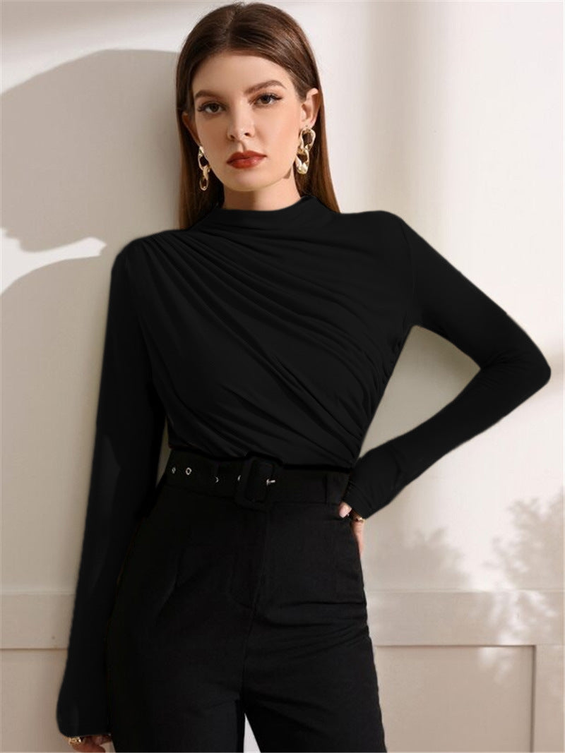 Damen Figurbetontes Langarmshirt mit seitlichem Drapieren und Stehkragen Shop Nory