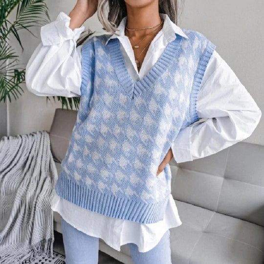 Damen Oversize Strickweste mit Hahnentritt-Muster und V-Ausschnitt Shop Nory