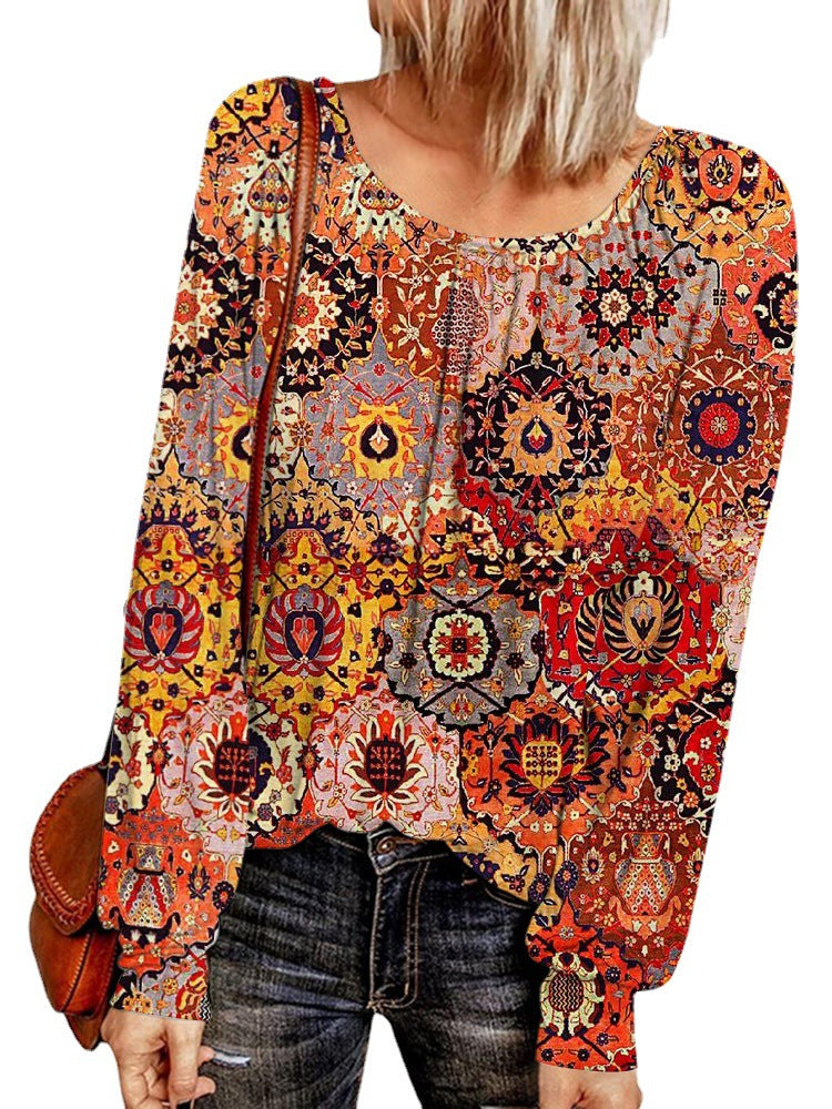 Damen Ethno-Print Oversize-Tunika mit Rundhalsausschnitt und langen Ballonärmeln Shop Nory