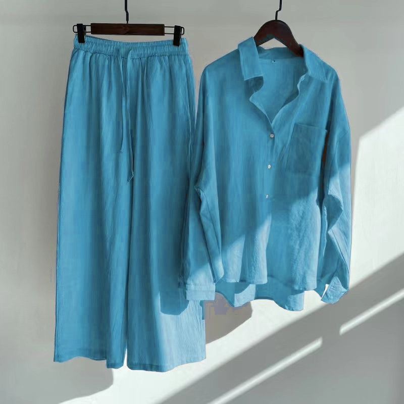 Damen Lockeres Zweiteiliges Viskose-Loungewear-Set mit Hemdbluse und weiter Palazzohose Shop Nory