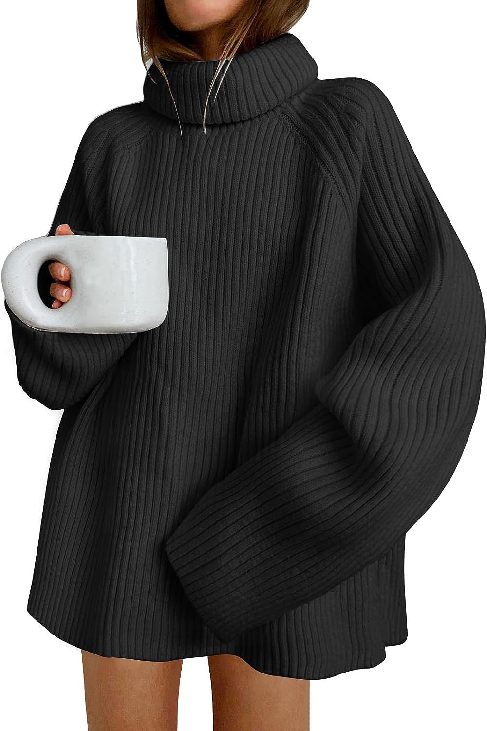 Damen Oversize Pulloverkleid aus Rippstrick mit hohem Rollkragen und voluminösen Ärmeln Shop Nory