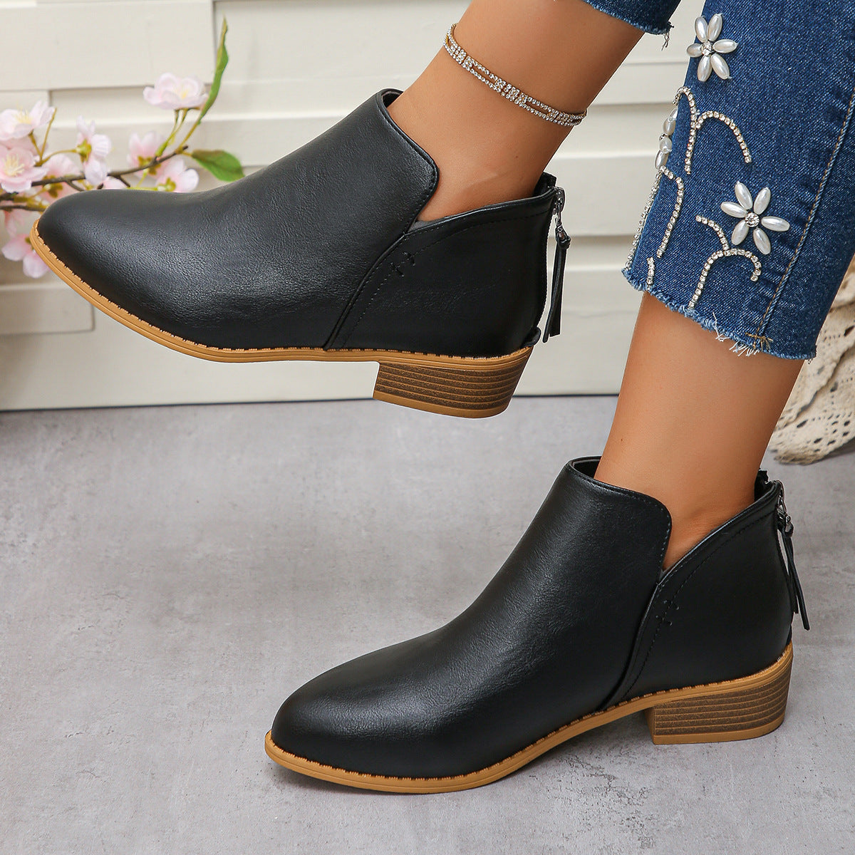 Damen nan knöchelhohe Stiefelette mit V-Ansatz, hinterem Reißverschluss-Quaste und gestapeltem Blockabsatz