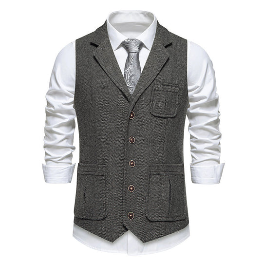 Herren Tweed‑Weste mit Fischgrätmuster, Reverskragen und aufgesetzten Taschen Shop Nory