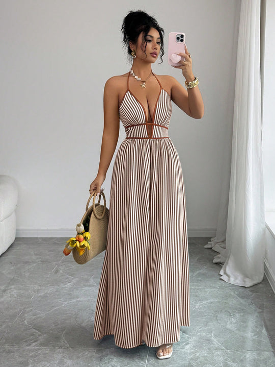 Damen Gestreiftes Neckholder-Maxikleid mit tiefem V-Ausschnitt und Taillen-Cut-Out Shop Nory