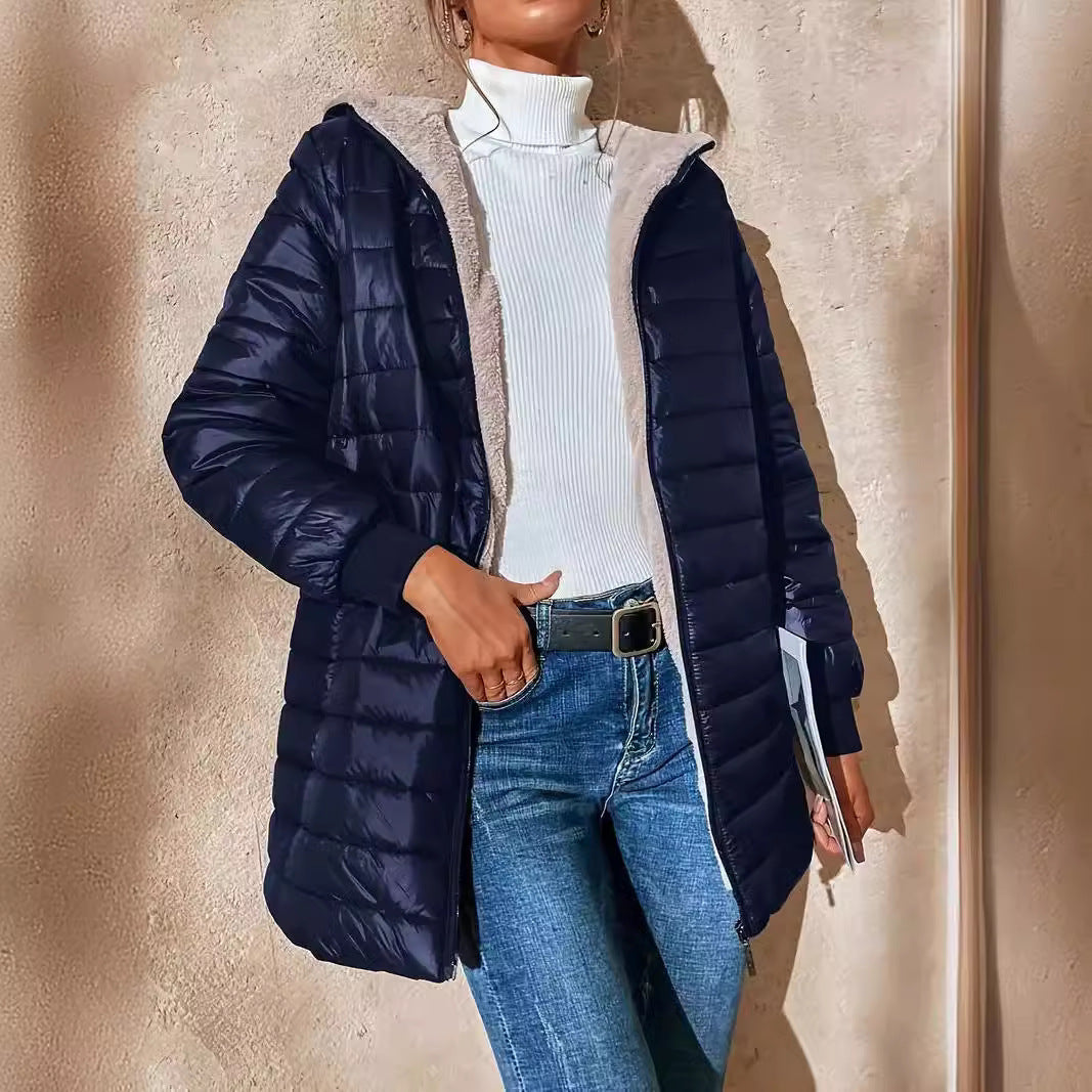 Damen Langer Steppmantel mit Teddyfutter und Kapuze Shop Nory
