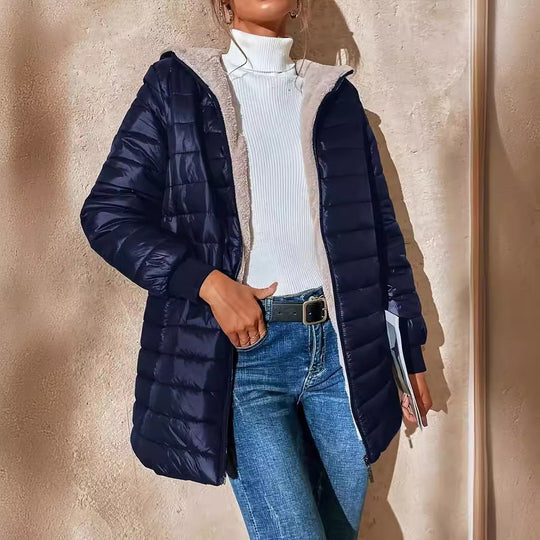 Damen Langer Steppmantel mit Teddyfutter und Kapuze Shop Nory
