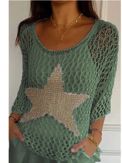 Damen nan oversized gehäkelter Pullover mit Sternapplikation und 3/4-Ärmeln Shop Nory