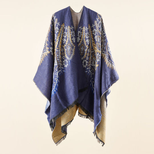 Damen Reversibler Jacquard-Wickelponcho im Oversize-Kaftan mit Fransensaum Shop Nory