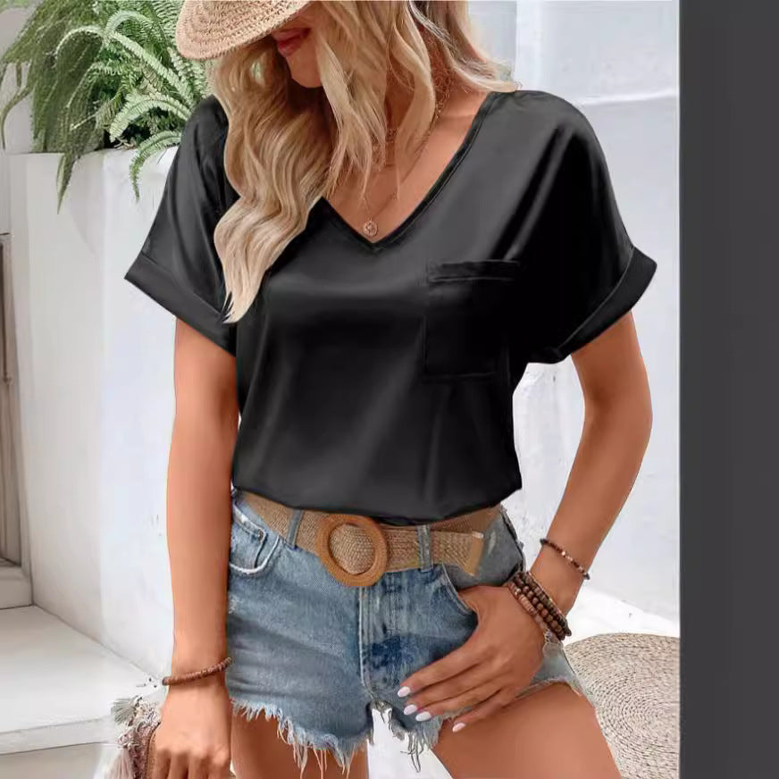 Damen Satin V-Ausschnitt T-Shirt mit Brusttasche und Lässigem Schnitt