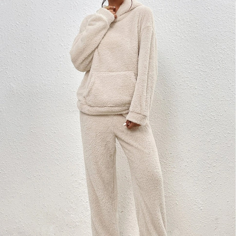 Damen nan kuscheliges Teddy-Fleece Hausanzug-Set mit Kapuze, Kängurutasche und elastischer Jogginghose Shop Nory