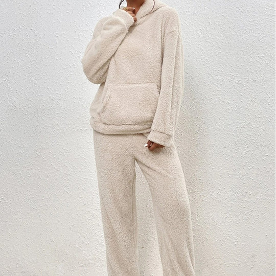 Damen nan kuscheliges Teddy-Fleece Hausanzug-Set mit Kapuze, Kängurutasche und elastischer Jogginghose Shop Nory