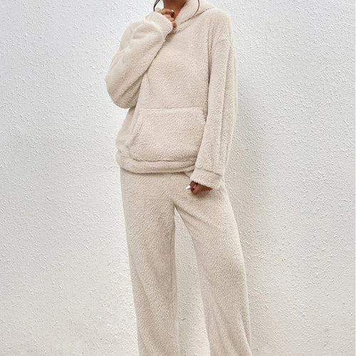 Damen nan kuscheliges Teddy-Fleece Hausanzug-Set mit Kapuze, Kängurutasche und elastischer Jogginghose Shop Nory