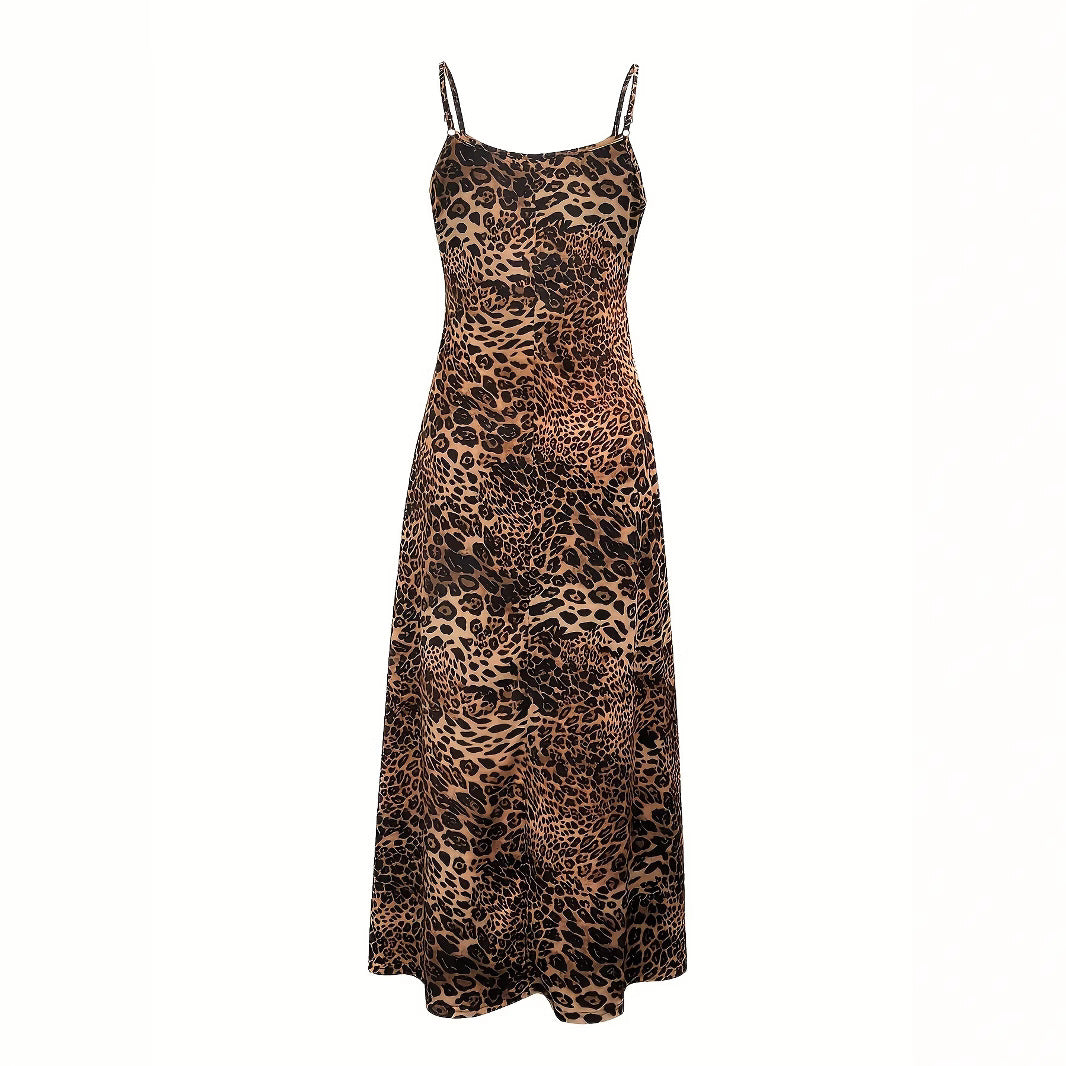 Damen Maxikleid mit Spaghetti-Trägern und asymmetrischem Tiermuster