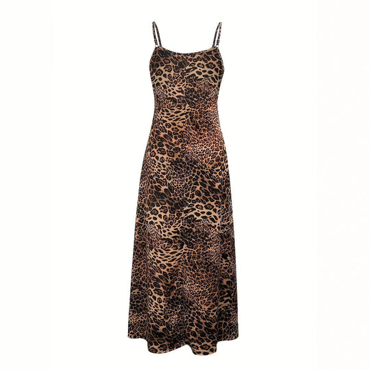 Damen Maxikleid mit Spaghetti-Trägern und asymmetrischem Tiermuster