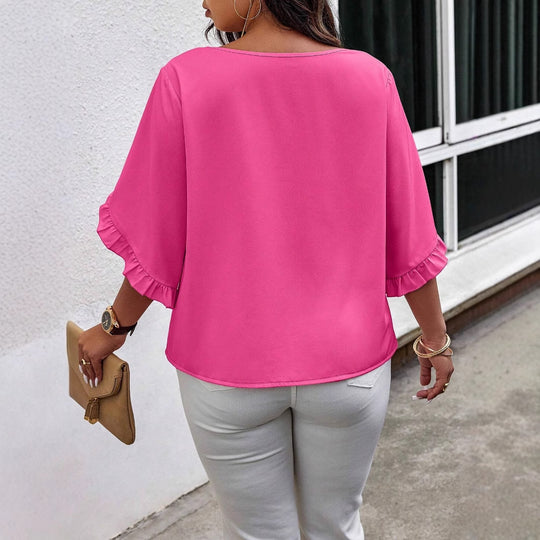 Damen V‑Ausschnitt Bluse mit Volantärmeln und lockerem Satinfall Shop Nory