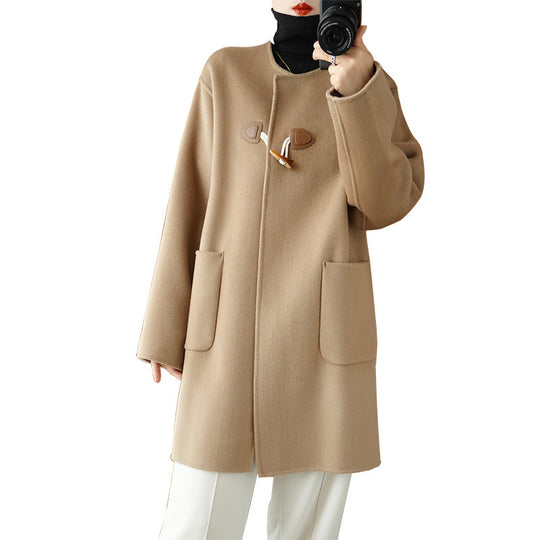 Damen Midilanger Wollmixmantel mit KnShop Noryelverschlüssen, kastiger Silhouette und aufgesetzten Taschen Shop Nory