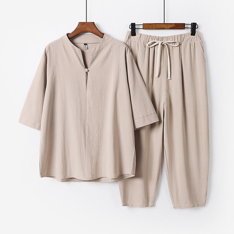 Damen Leichtes Leinen-Baumwoll-Loungewear-Set mit Stehkragen, Dreiviertelärmeln und Gummizugbundhose Shop Nory
