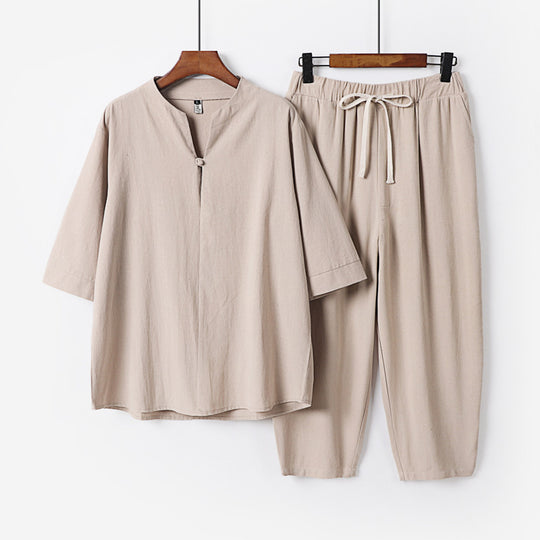 Damen Leichtes Leinen-Baumwoll-Loungewear-Set mit Stehkragen, Dreiviertelärmeln und Gummizugbundhose Shop Nory