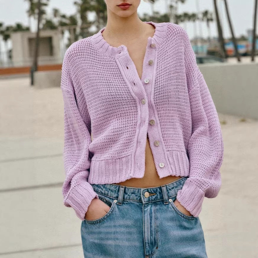 Damen Lockere Cropped-Strickjacke mit Knopfleiste und offener Struktur Shop Nory