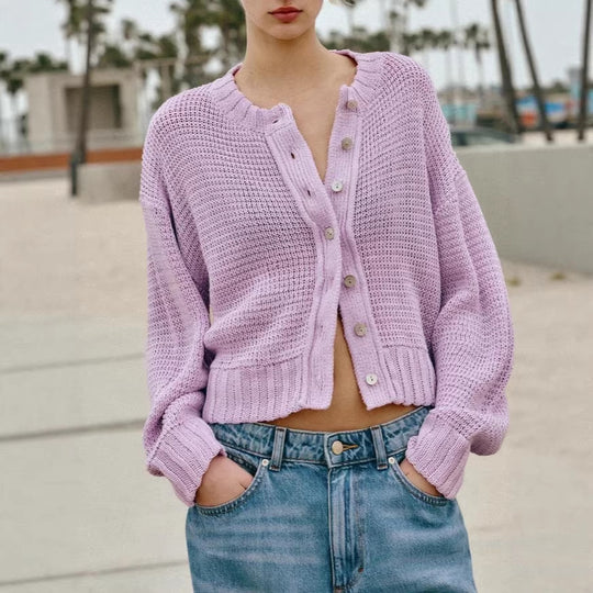 Damen Lockere Cropped-Strickjacke mit Knopfleiste und offener Struktur Shop Nory