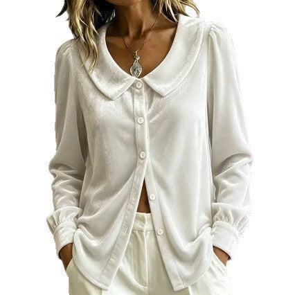 Damen Samt‑Hemdbluse mit Peter‑Pan‑Kragen und Perlmuttknopfleiste Shop Nory