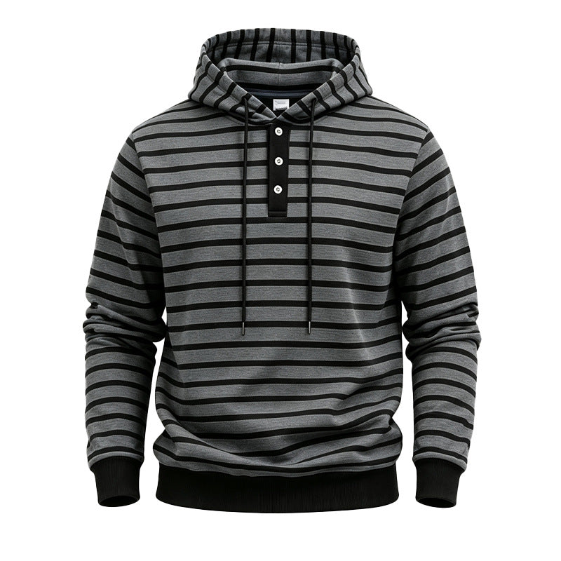 Herren Gestreifter Kapuzenpullover mit Henley‑Knopfleiste, Kordelzug und Rippbündchen Shop Nory