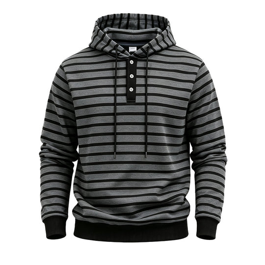 Herren Gestreifter Kapuzenpullover mit Henley‑Knopfleiste, Kordelzug und Rippbündchen Shop Nory
