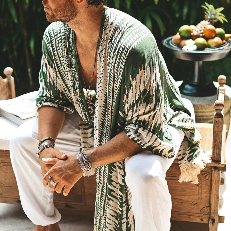 Herren nan leichter Strandponcho im Kimono-Stil mit Fransen