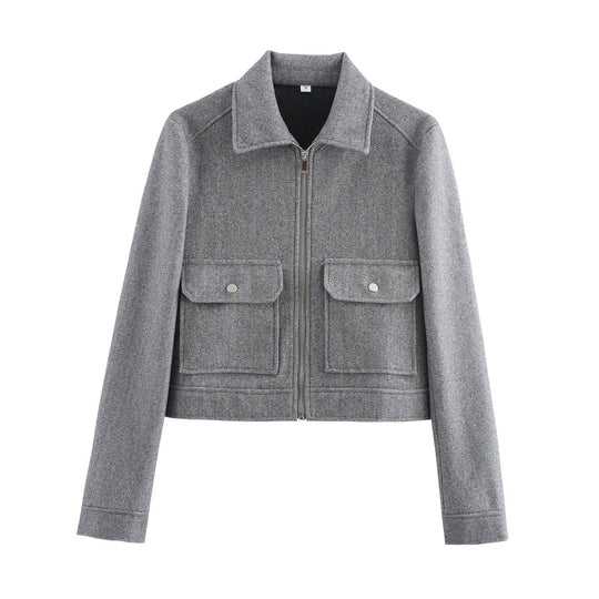 Damen kurze Boxy-Wolljacke mit durchgehendem Reißverschluss und aufgesetzten Pattentaschen Shop Nory