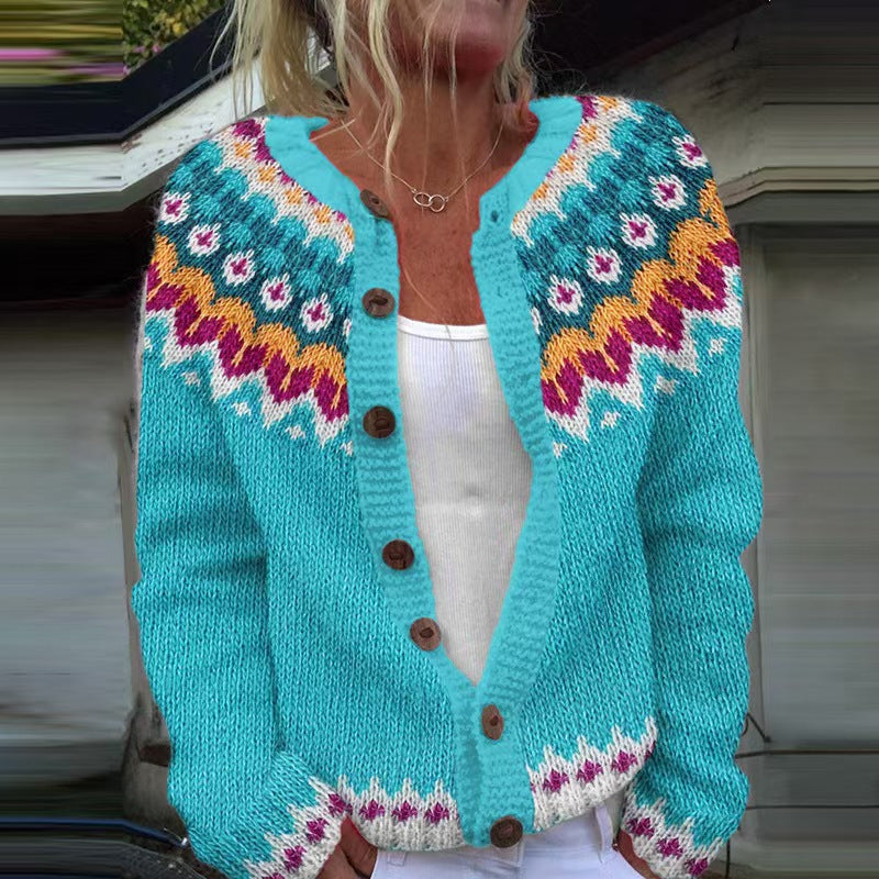 Damen nan gemusterte Strickjacke mit Rundpasse, Holzknöpfen und Eingrifftaschen Shop Nory