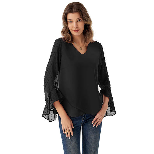 Damen Chiffonbluse mit V-Ausschnitt, gepunkteten Trompetenärmeln und asymmetrischem Saum Shop Nory