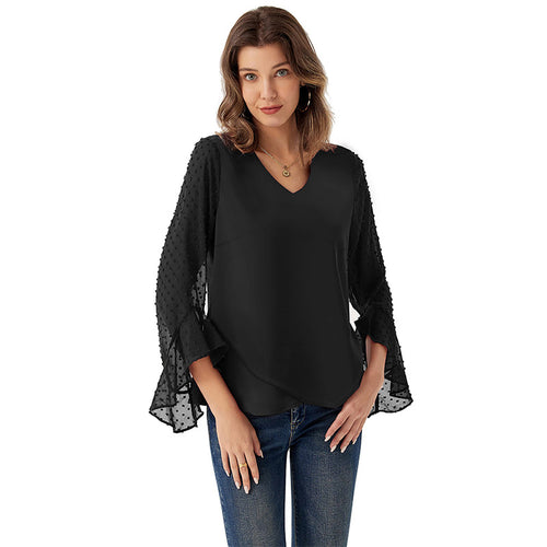 Damen Chiffonbluse mit V-Ausschnitt, gepunkteten Trompetenärmeln und asymmetrischem Saum Shop Nory