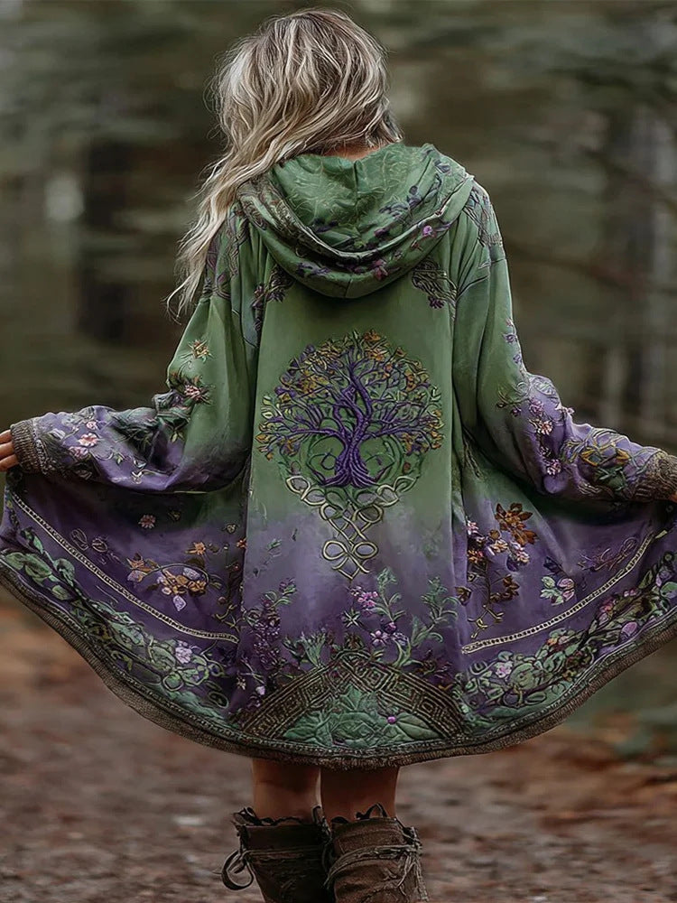 Damen Boho Kapuzenmantel im Schwung-Schnitt mit Baum-Motiv und Farbverlauf Shop Nory
