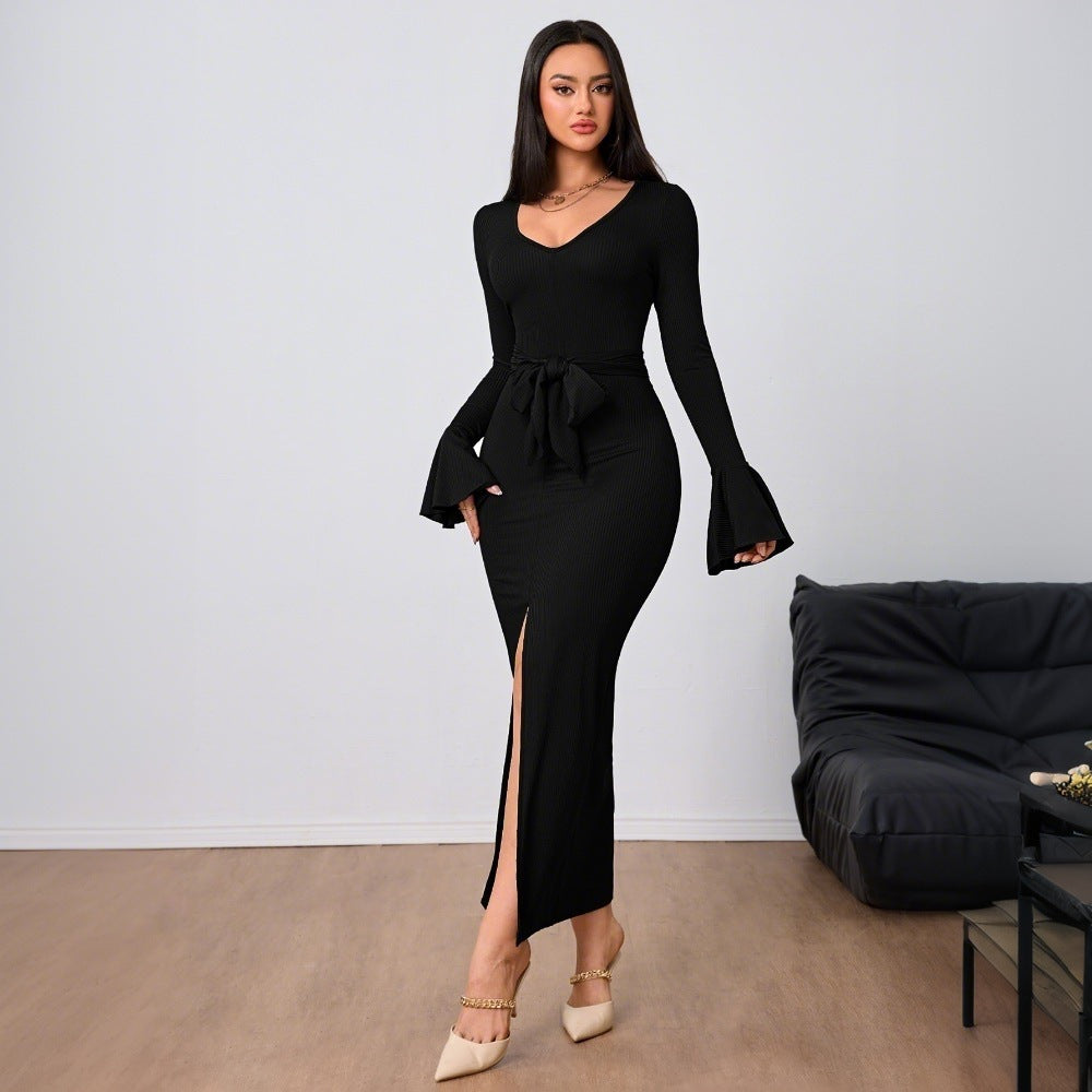 Damen figurbetontes Maxikleid mit V-Ausschnitt Trompetenärmeln Taillenband und hohem Seitenschlitz Shop Nory