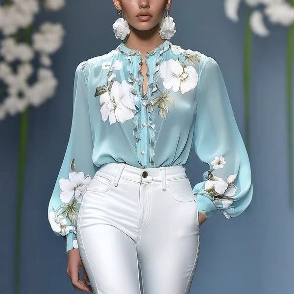 Damen Seidenbluse mit Rüschenblende und floraler Applikation Shop Nory