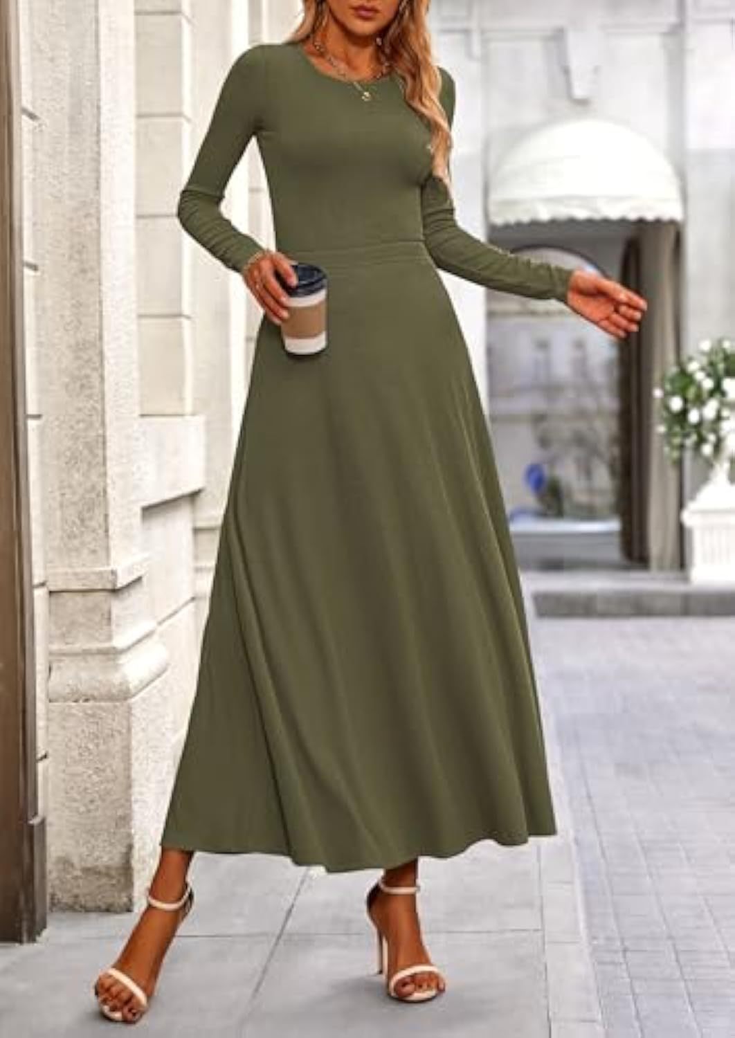 Damen Langärmeliges Maxikleid mit tailliertem Oberteil und fließendem A-Linien-Rock Shop Nory